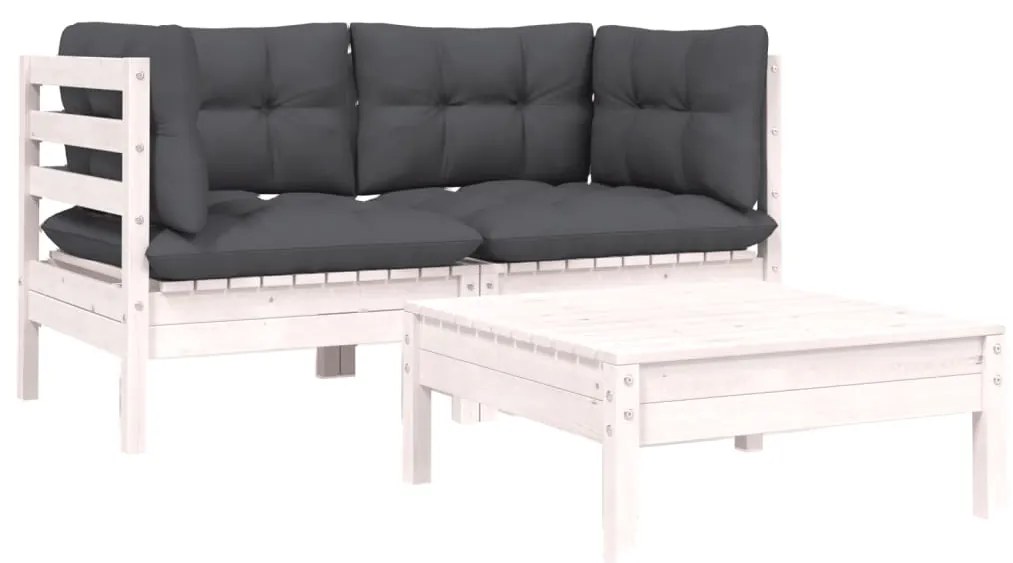 806677 vidaXL Set mobilier de grădină cu perne, 3 piese, alb, lemn masiv pin