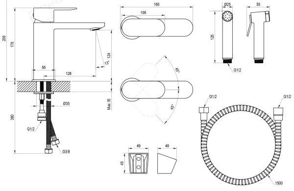 Ravak X070462 - Baterie lavoar cu duș pentru bideu CHROME neagră