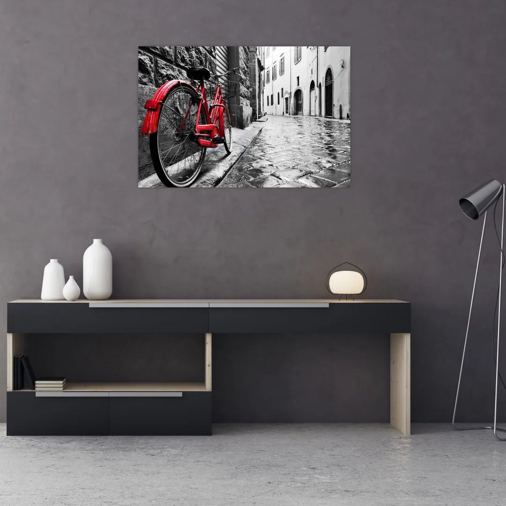Tablou - Bicicleta roșie pe o stradă pavată (90x60 cm)