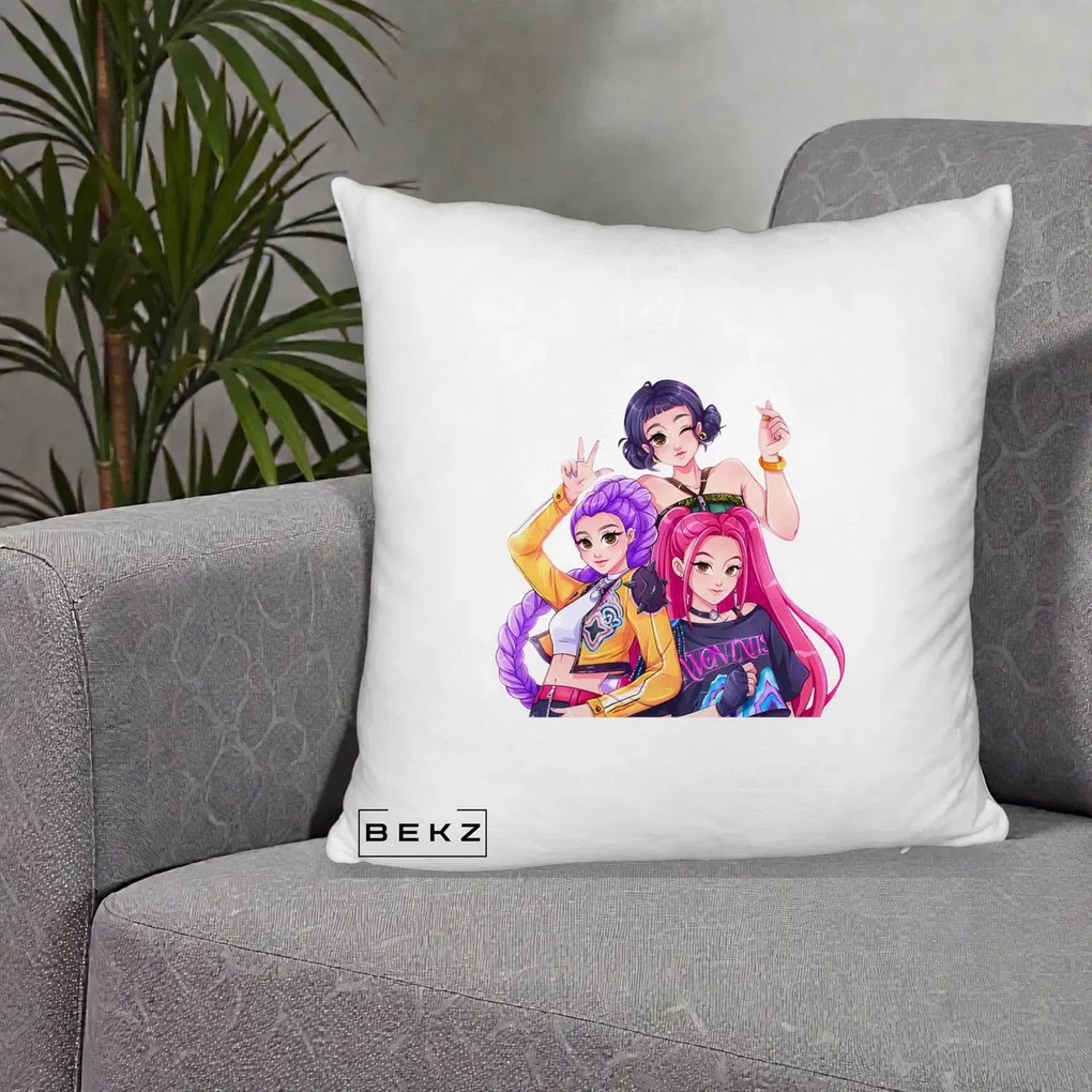Perna Personalizata K-pop HUNTRX Trio Animat Fete Foto, 40x40 cm, Alb Pufos, Husa Detasabila, Perna Inclusa, BEKZ®