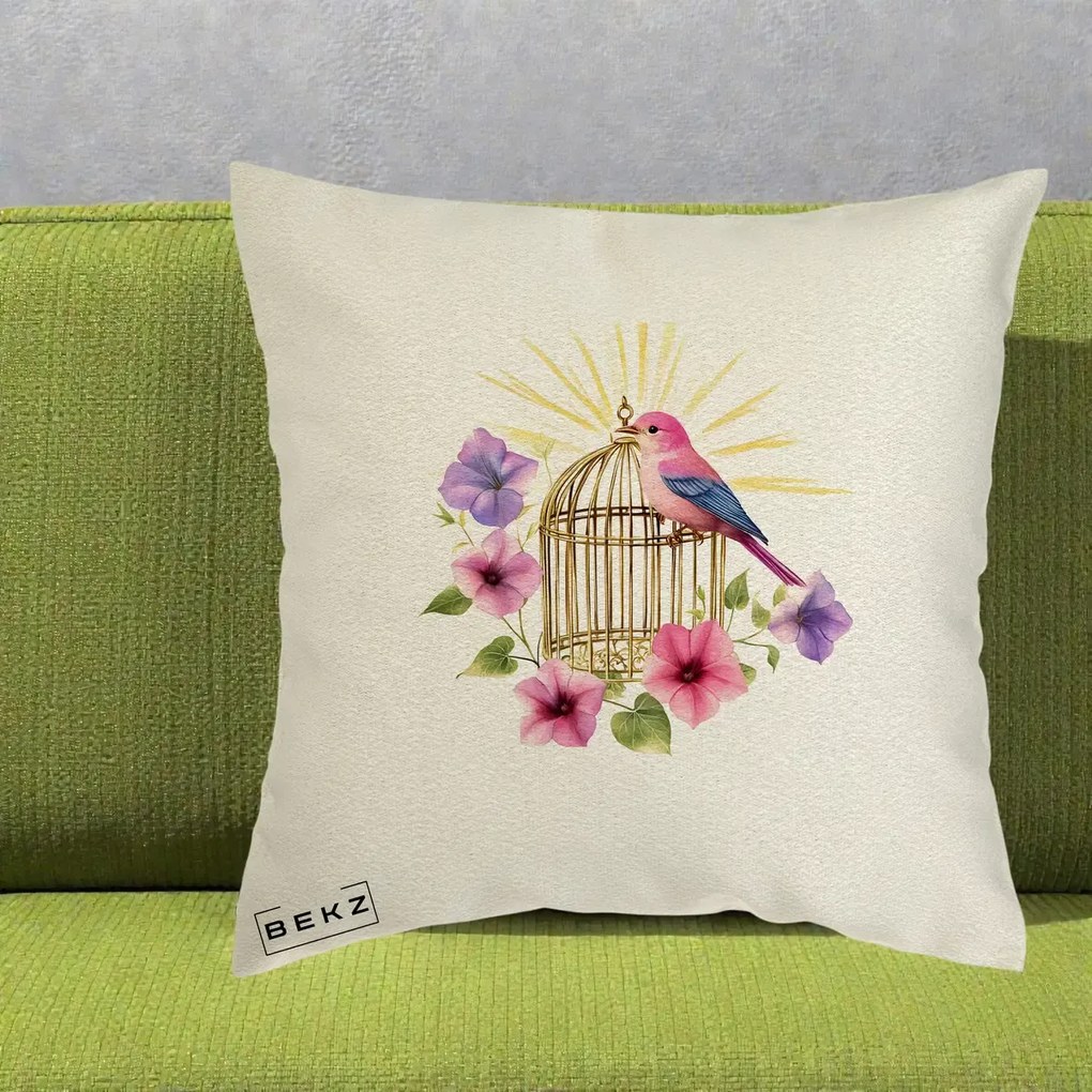 Perna Decorativa Pasare Roz pe Colivie Aurie cu Flori, 40x40 cm, Ecru, Husa Detasabila, Perna Inclusa, BEKZ®