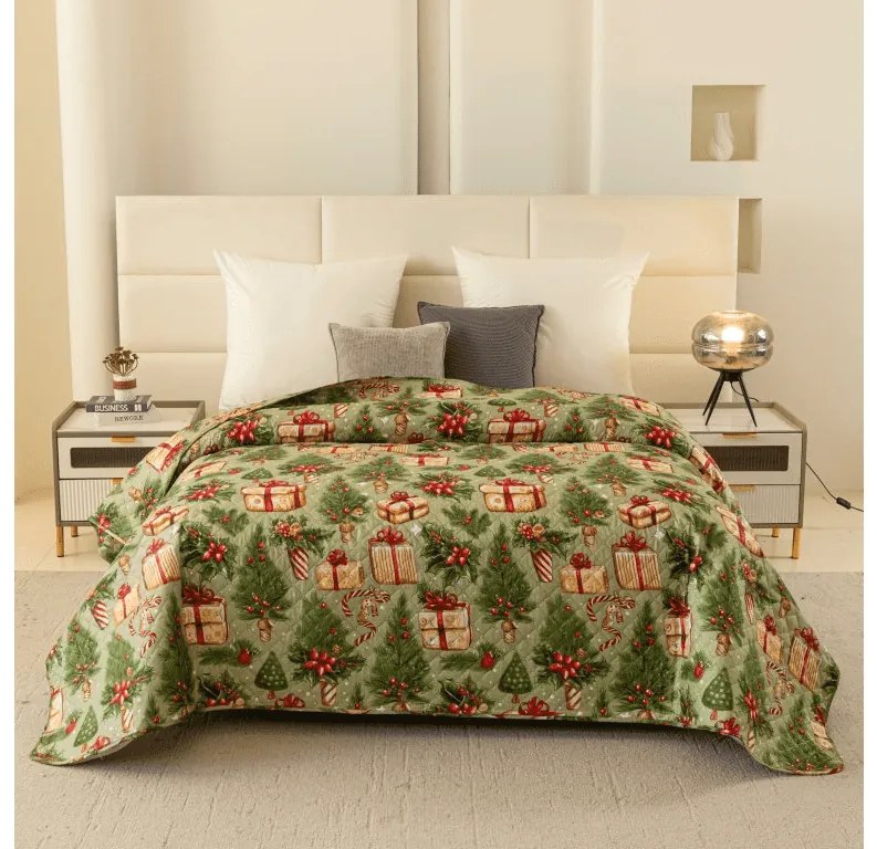Cuvertura de pat cu model CADOURI DE CRACIUN, verde Dimensiune: 220 x 240 cm