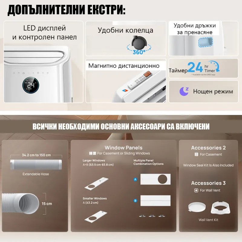 Aparat de aer conditionat portabil Dreo 515S, 1500 W, 20-30 m², 12000 BTU, Racire, Ventilator, Uscare, Comenzi vocale, LED, Alb
