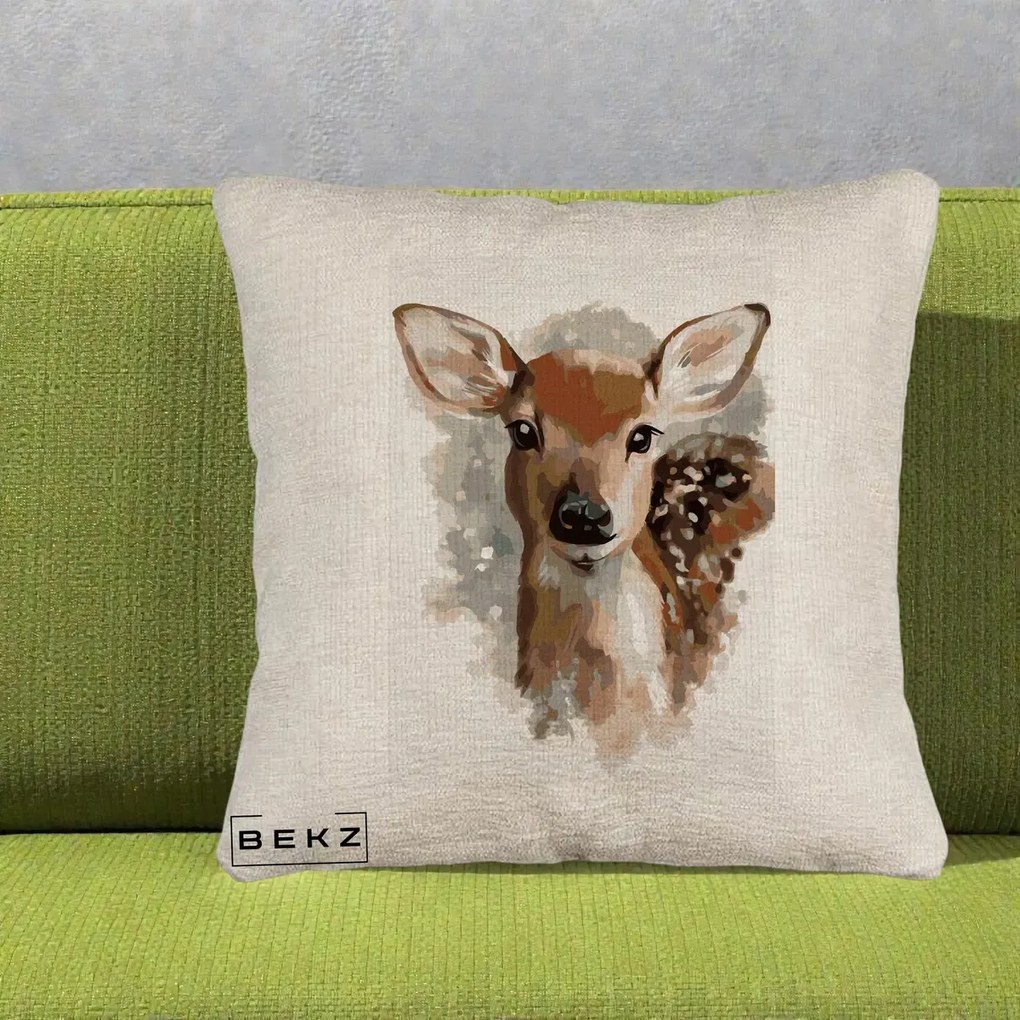 Perna Decorativa Caprioara Pui Acuarela, 40x40 cm, Bej Canapea, Husa Detasabila, Perna Inclusa, BEKZ®