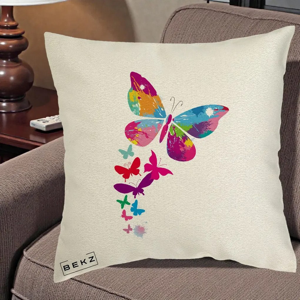 Perna Decorativa Fluturi Splash, 40x40 cm, Ecru, Husa Detasabila, Perna Inclusa, BEKZ®