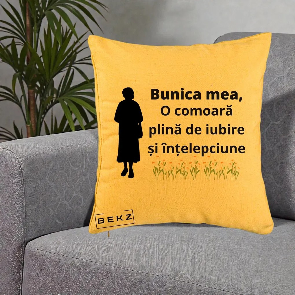Cadou pentru Bunica - Perna Personalizata Bunica Mea Comoara Iubire Intelepciune Silueta cu Nepoata, 40x40 cm, Galben, Husa Detasabila, Perna Inclusa, BEKZ®