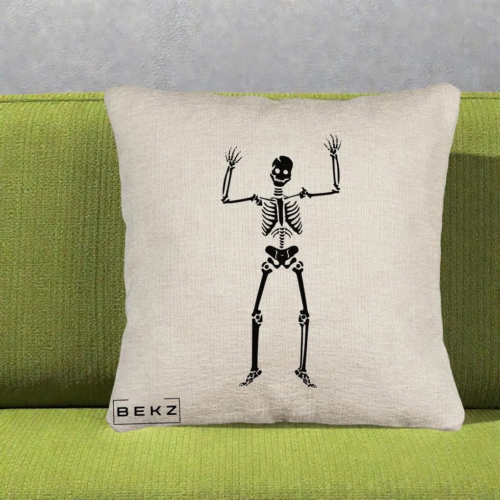 Perna Decorativa Halloween Schelet Dansator, 40x40 cm, Bej Canapea, Husa Detasabila, Perna Inclusa, BEKZ®