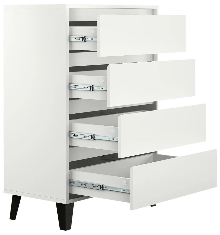 Comoda 4 sertare , 70 cm lungime x38,8 cm adancime x 99,4 cm, pal alb picioare negre ,canturi abs, fara manere alb, 70 cm, 100 cm, 39 cm