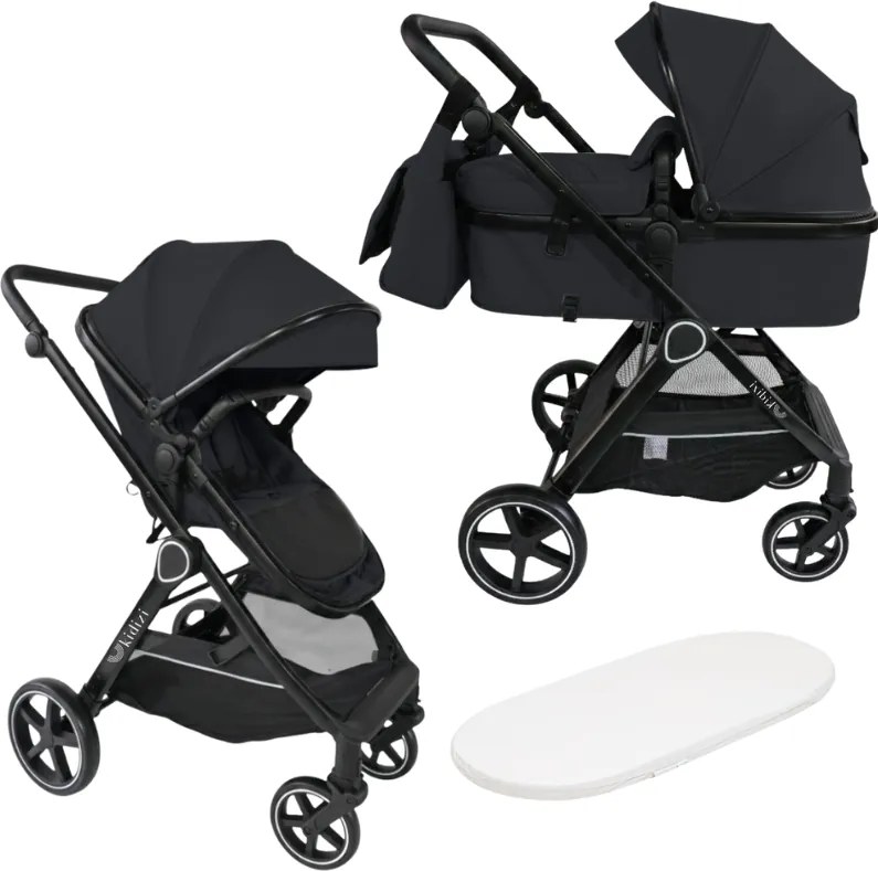 Carucior copii 2 in 1 Kidizi Moveo negru landou transformabil in parte sport, cadru black, de la nastere pana la 22 kg (0–4 ani), saltea si geanta incluse