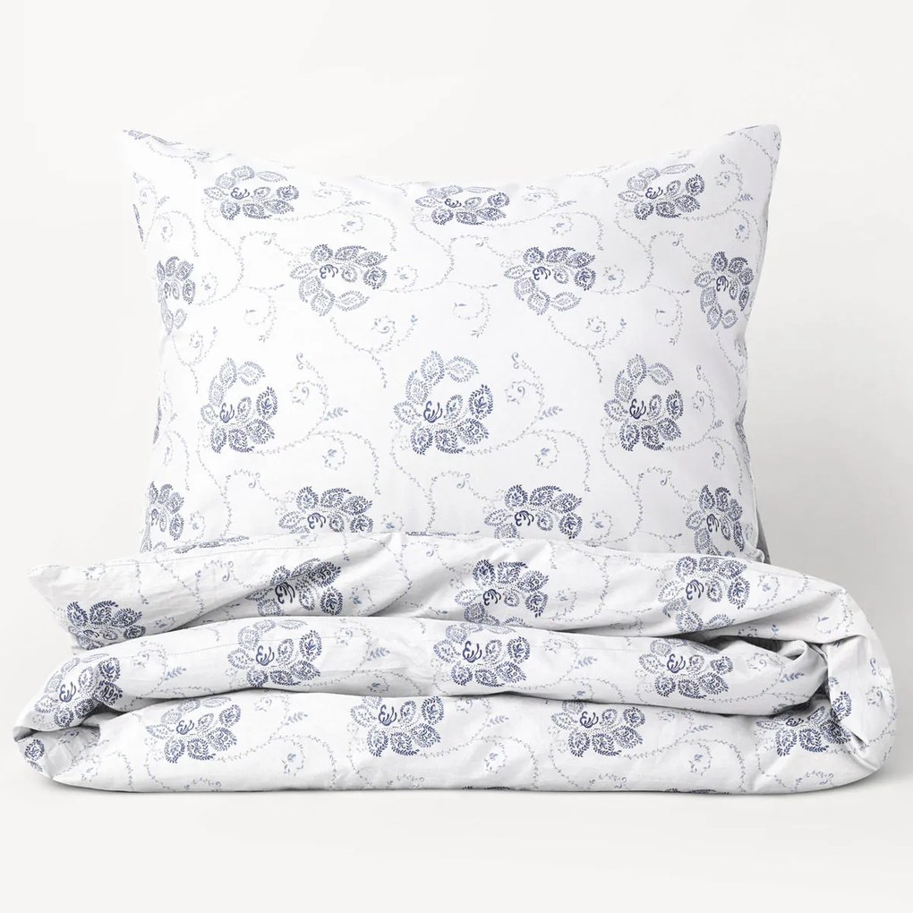 Goldea lenjerie de pat din flanel - ornamente florale albastru închis pe alb 140 x 200 și 70 x 90 cm