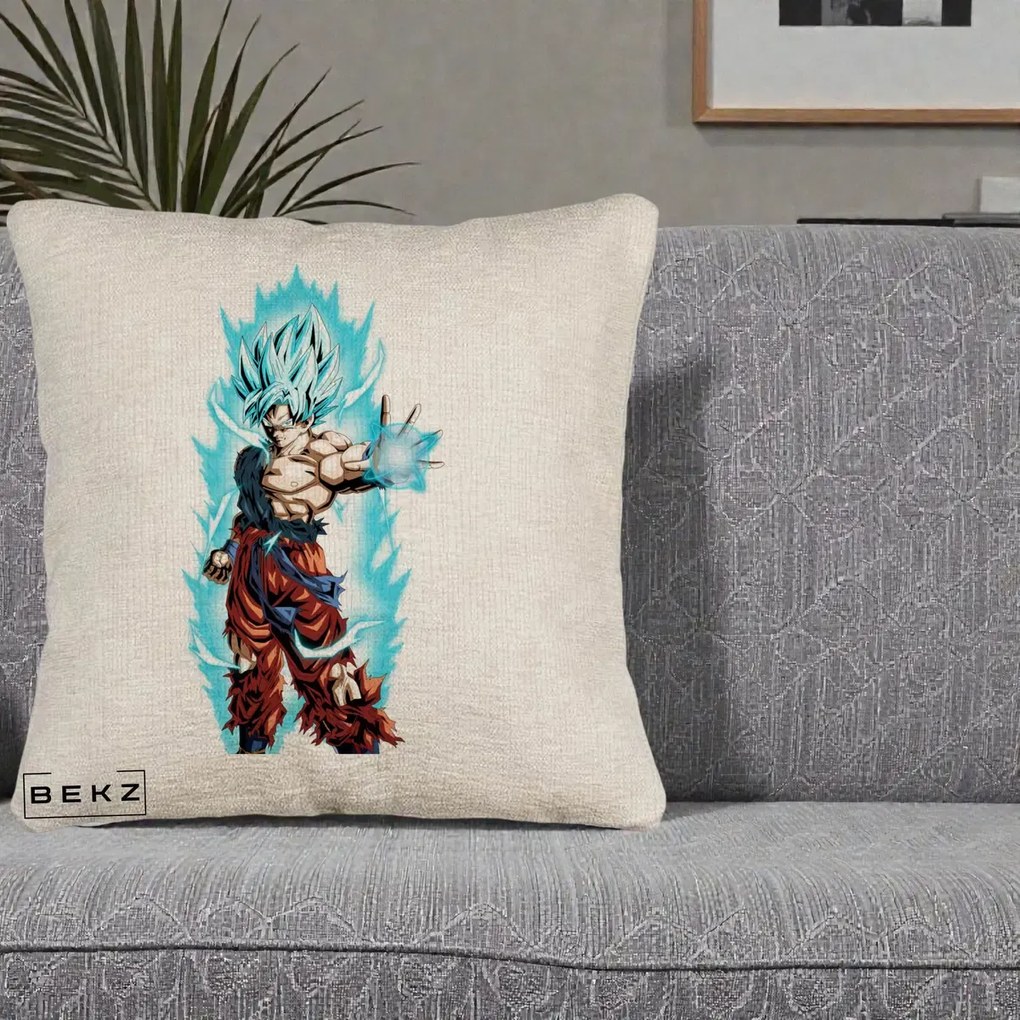 Perna Personalizata Dragon Ball Goku Ultra Instinct Blue, 40x40 cm, Bej Canapea, Husa Detasabila, Perna Inclusa, BEKZ®