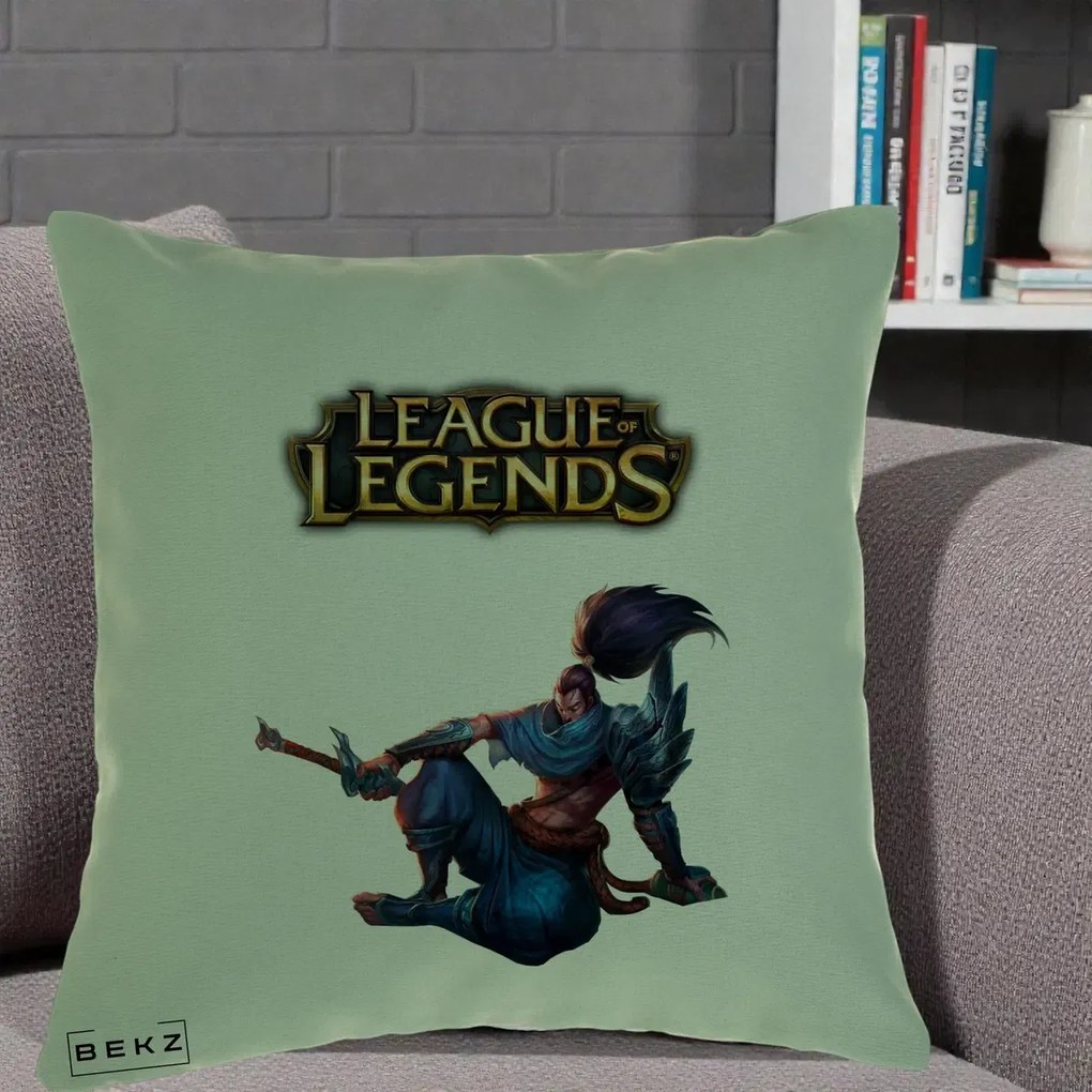 Perna Personalizata League of Legends Yasuo, 40x40 cm, Verde, Husa Detasabila, Perna Inclusa, BEKZ®