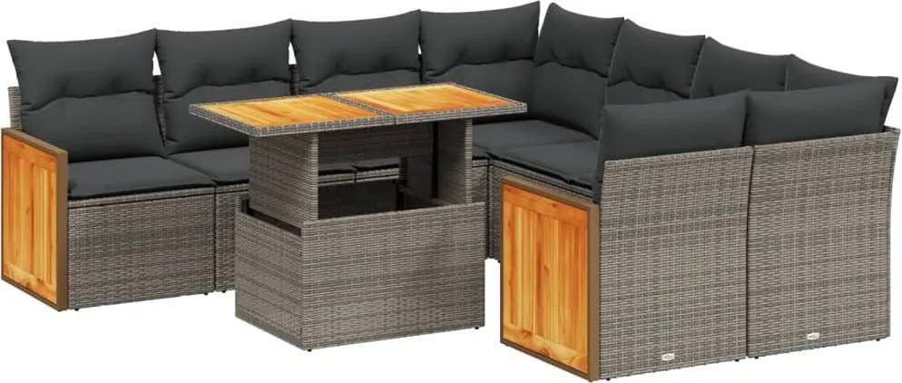 vidaXL Set canapele de grădină, 9 piese, cu perne, gri, poliratan