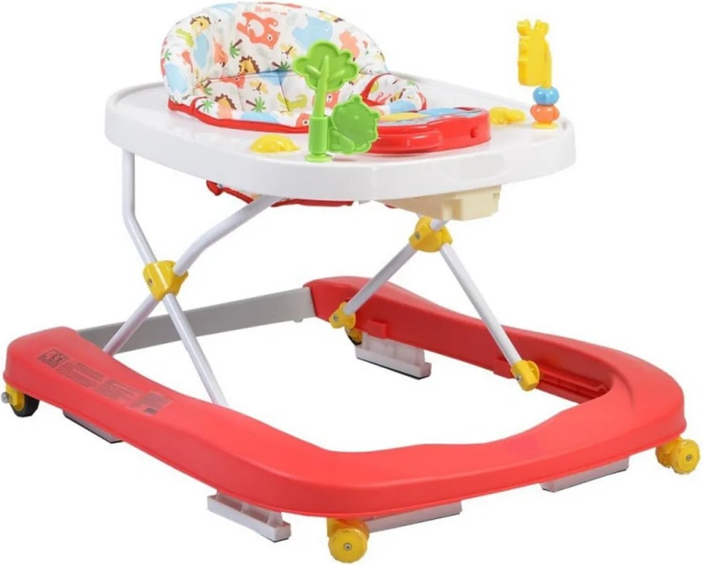 Premergator Premium reglabil in 3 trepte de inaltime NOVOKIDS™ ZooZoo Baby ,Roti silentioase din silicon, Cu melodii, Animalute, Pliabil, Rosu