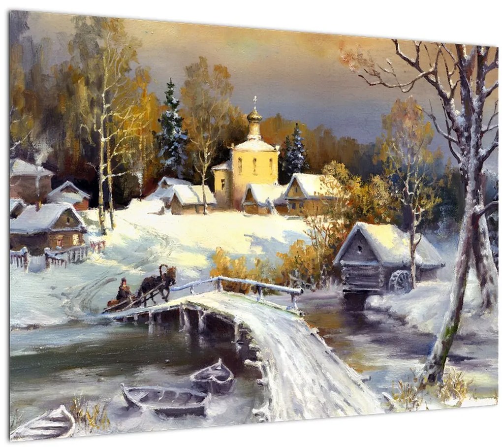 Tablou pe sticlă - Orășel iarna (70x50 cm)