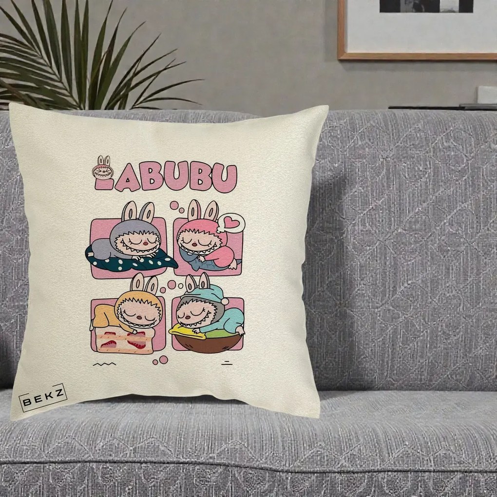 Perna Personalizata Labubu Sleeping Quad Grid, 40x40 cm, Ecru, Husa Detasabila, Perna Inclusa, BEKZ®