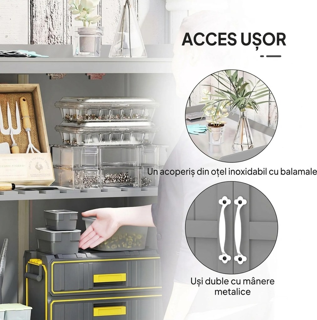 Outsunny Dulap de Exterior, Dulap pentru Ustensile cu Blat din Metal și Raft, Banc de Lucru din Lemn cu 2 Uși pentru Grădină, Terasă, Curte, Gri | Aosom Romania