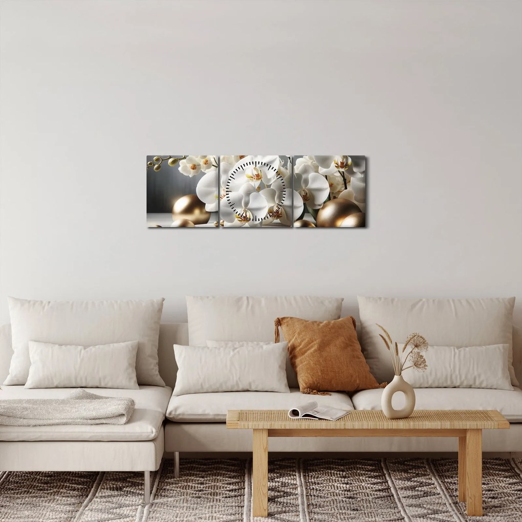Tablou - Orhidee și bile aurii (cu ceas) (90x30 cm)