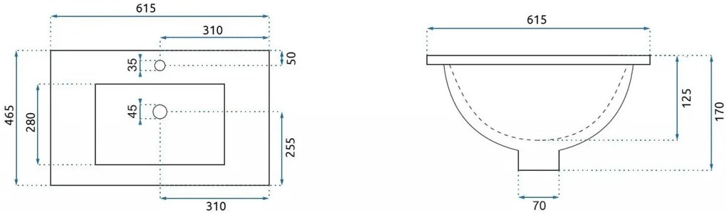 Lavoar incastrat Rea Dafne dreptunghiular finisaj alb lucios 62 cm