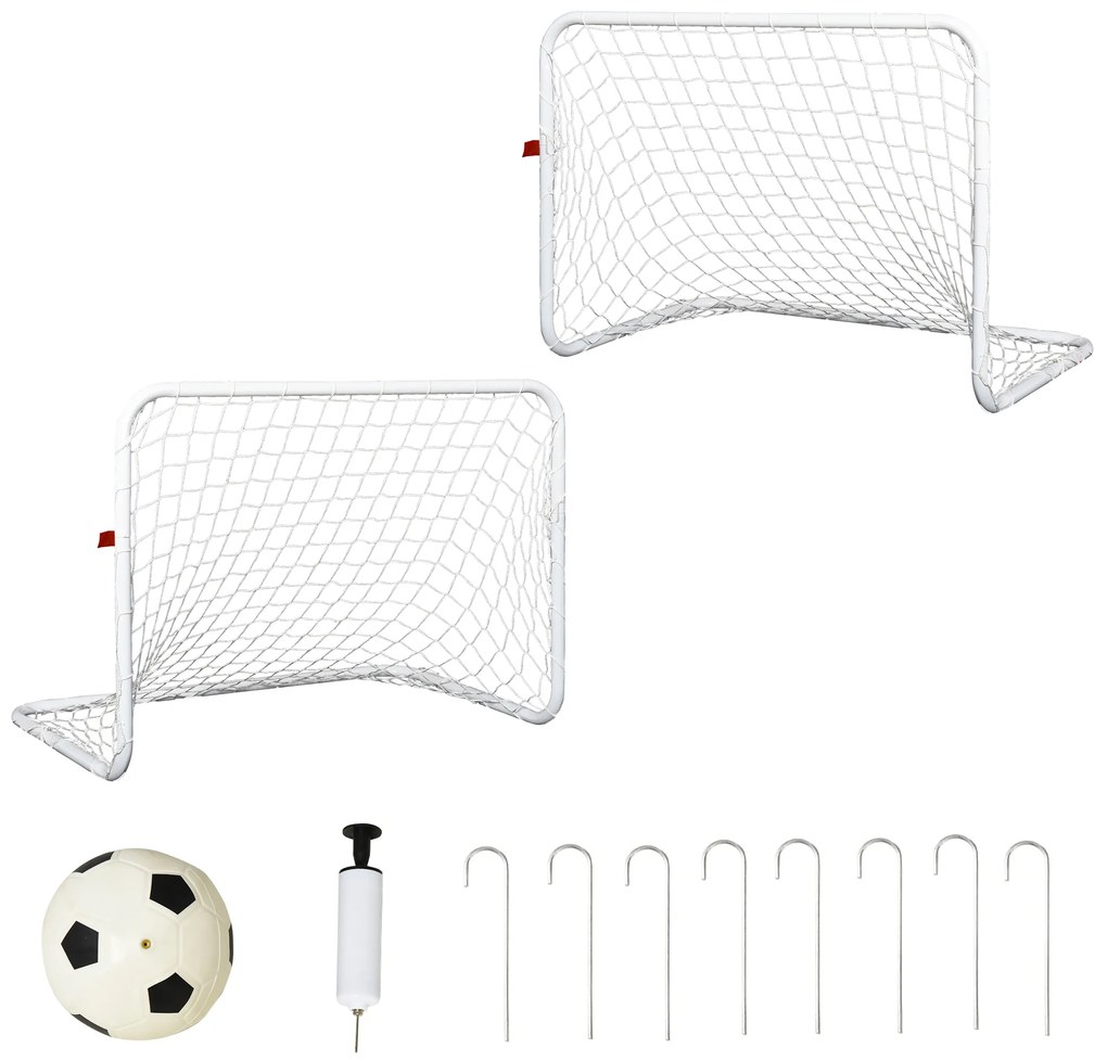 HOMCOM Set de 2 mini cage de fotbal pentru copil - minge, pompă, țăruși incluși - 78L x 46l x 56H cm - metal alb | Aosom Romania