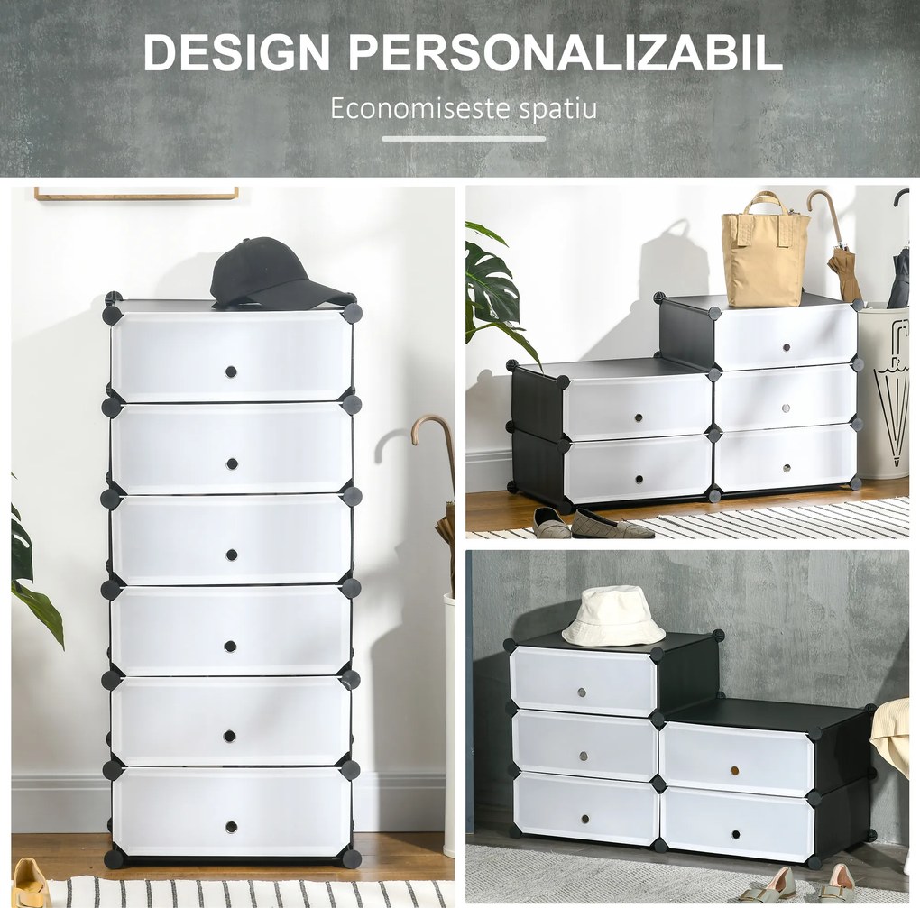 HOMCOM Mobilier pentru incaltaminte modular, 6 cuburi 45x35x17cm din plastic PP si otel, alb | Aosom Romania