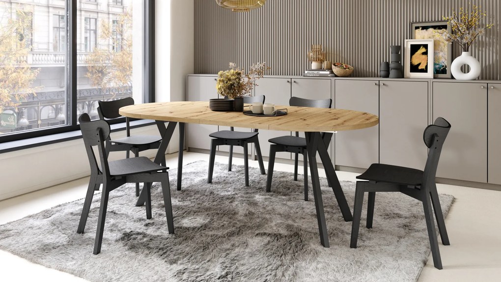 Mazzoni ALDO Stejar Artisan/picioare negre - MASĂ ROTUNDĂ STIL LOFT PENTRU SALON/SUFRAGERIE EXTENSIBILĂ CU PICIOARE ÎN FORMĂ DE "Y"