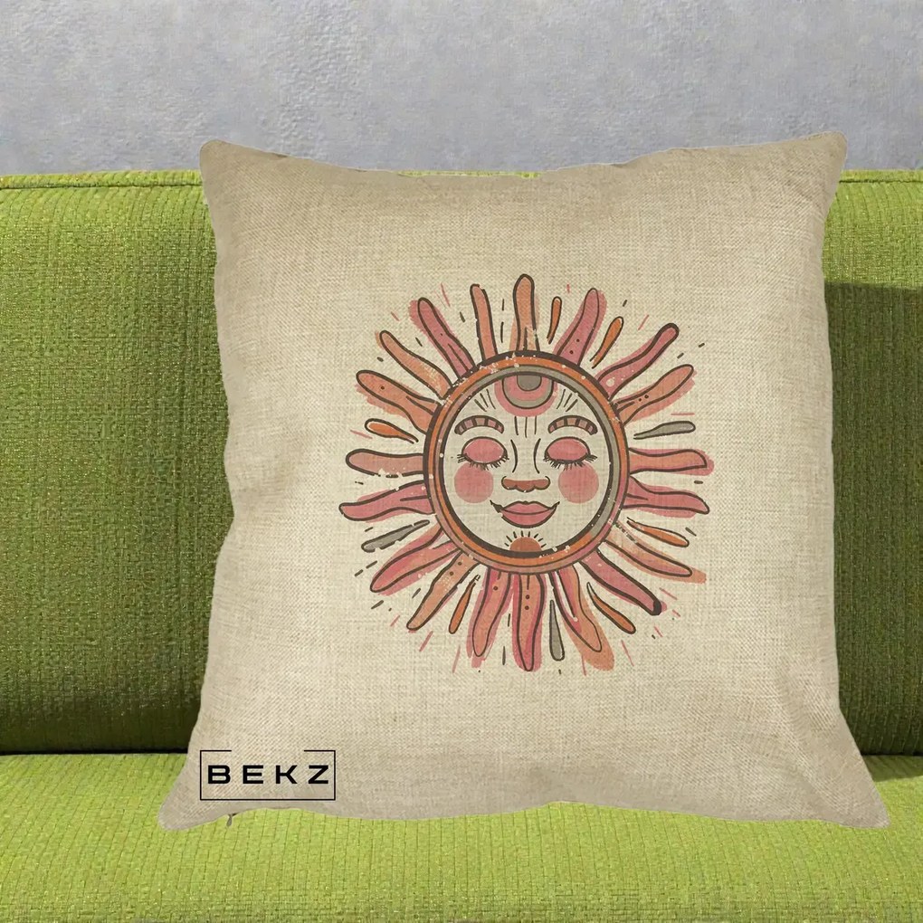 Perna Decorativa Soare Roz Tribal, 40x40 cm, Crem, Husa Detasabila, Perna Inclusa, BEKZ®