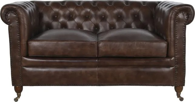 Canapea Chesterfield cu 2 locuri din piele, maro închis, spătar capitonat, brațe rulate și picioare cu rotile, 72 x 148 x 80 cm, „Yvoire”