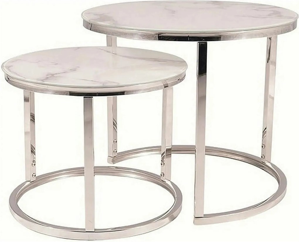 Set 2 masute cafea ATLANTA B II, alb cu efect de marmura/crom, sticla/