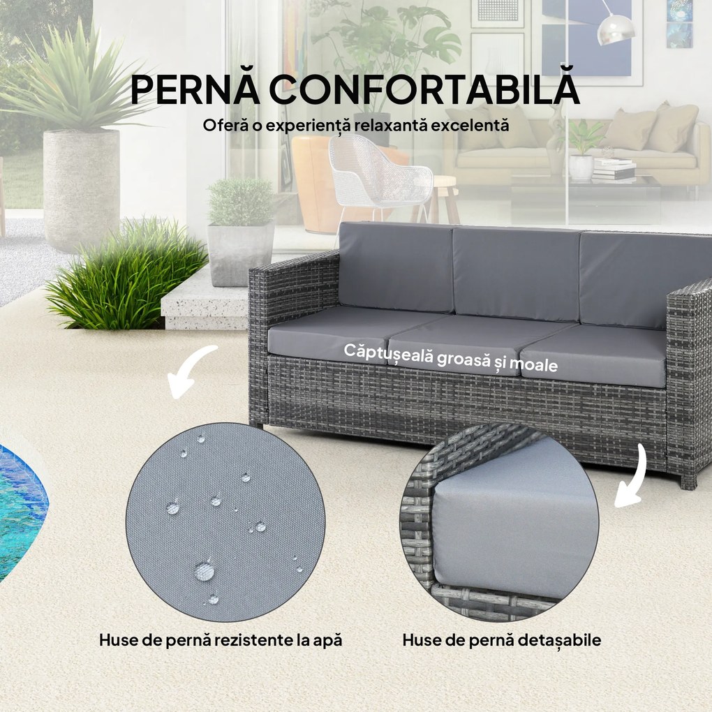 Outsunny Canapea de Exterior cu 3 Locuri din Ratan PE, Canapea cu Perne Detasabile și Structură Metalică pentru Grădină, Terasă și Balcon, 185x70x80 cm, Gri | Aosom Romania