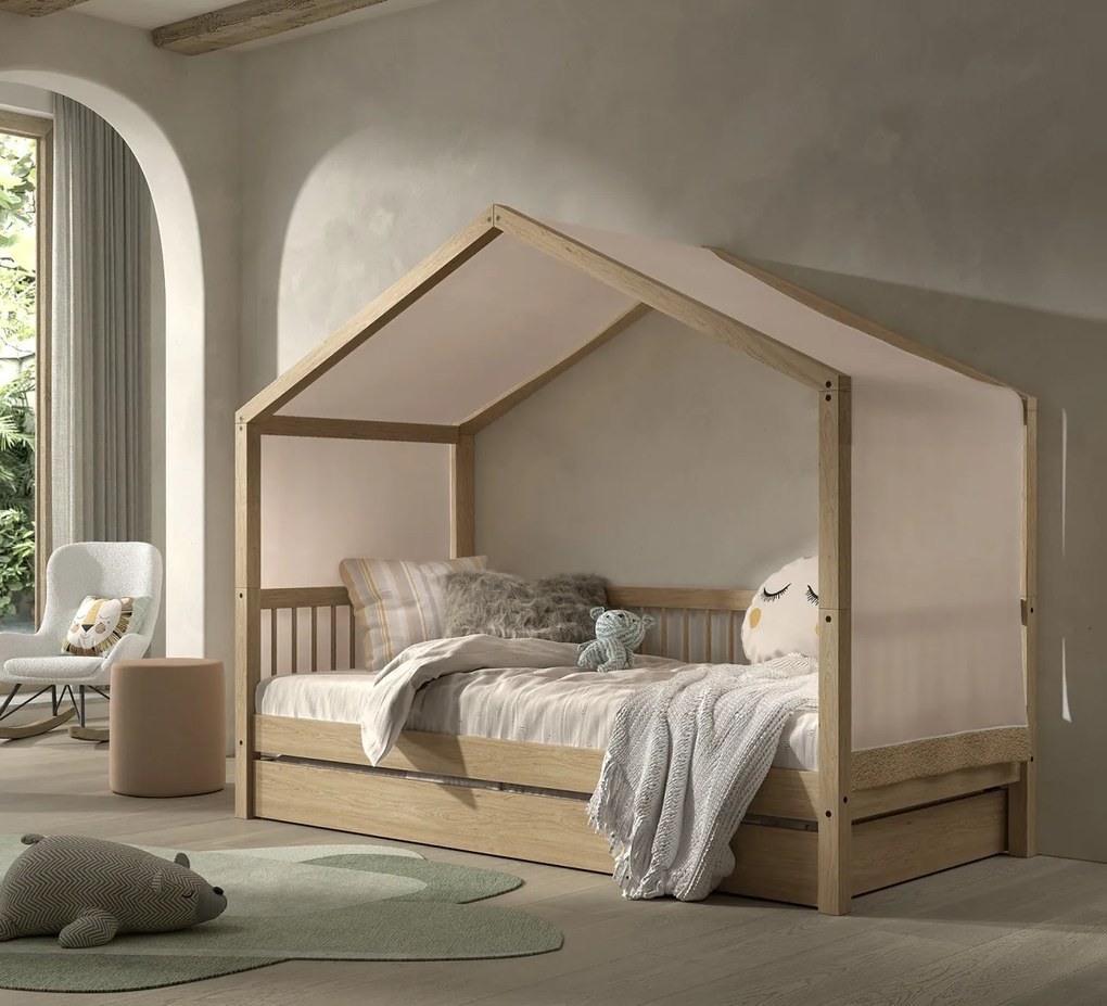 Pat Casă Forrest Beech 90x200 cm, pentru Camera Copii, din Lemn de Fag, cu Sertar și Set Textil – Vipack