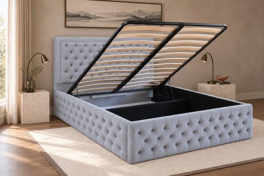 Pat tapițat Chesterfield din catifea Ophelia Deluxe 120×200 cm, gri deschis, cu ladă de depozitare