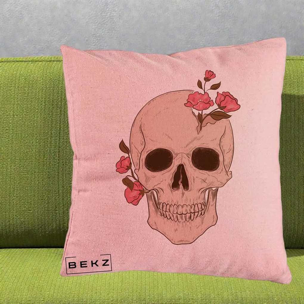 Perna Decorativa Craniu Floral Gothic, 40x40 cm, Roz, Husa Detasabila, Perna Inclusa, BEKZ®