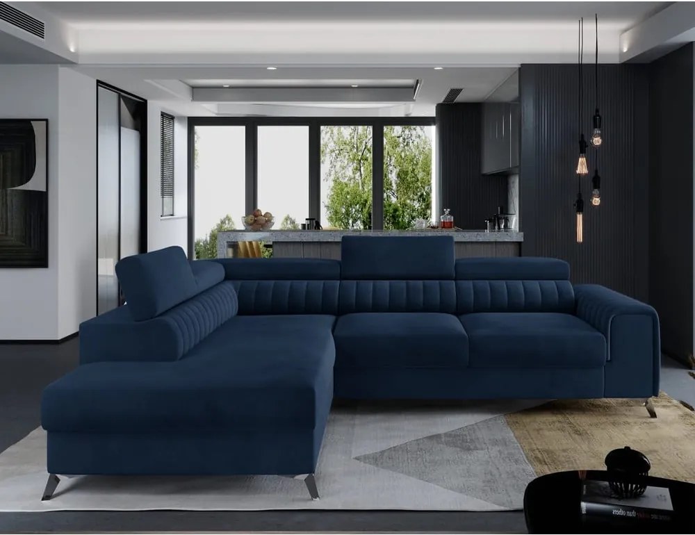 Colțar albastru extensibil/cu spațiu de depozitare cu tapițerie din catifea (cu colț pe partea stângă/în formă de ”L”) Laurence – ELTAP