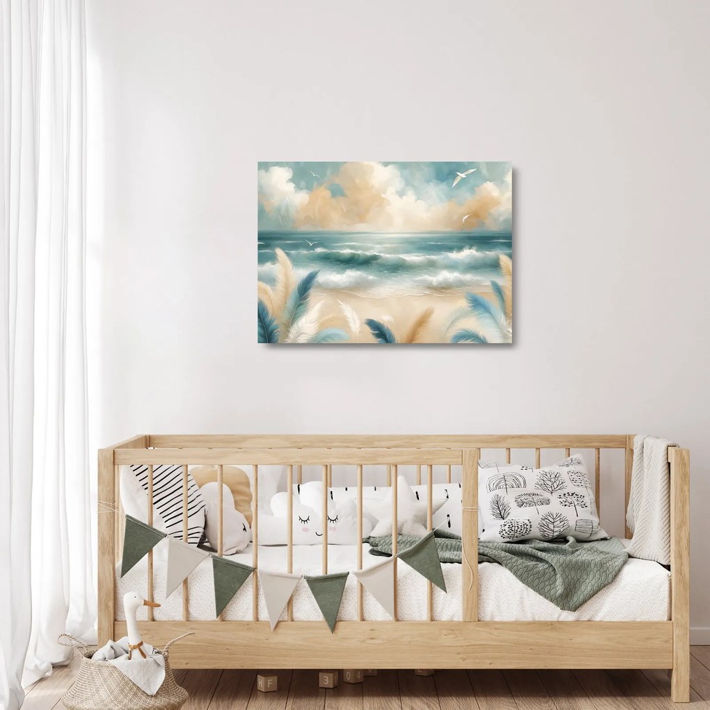 Tablou pe sticlă – Plajă pictată în culori delicate (70x50 cm)