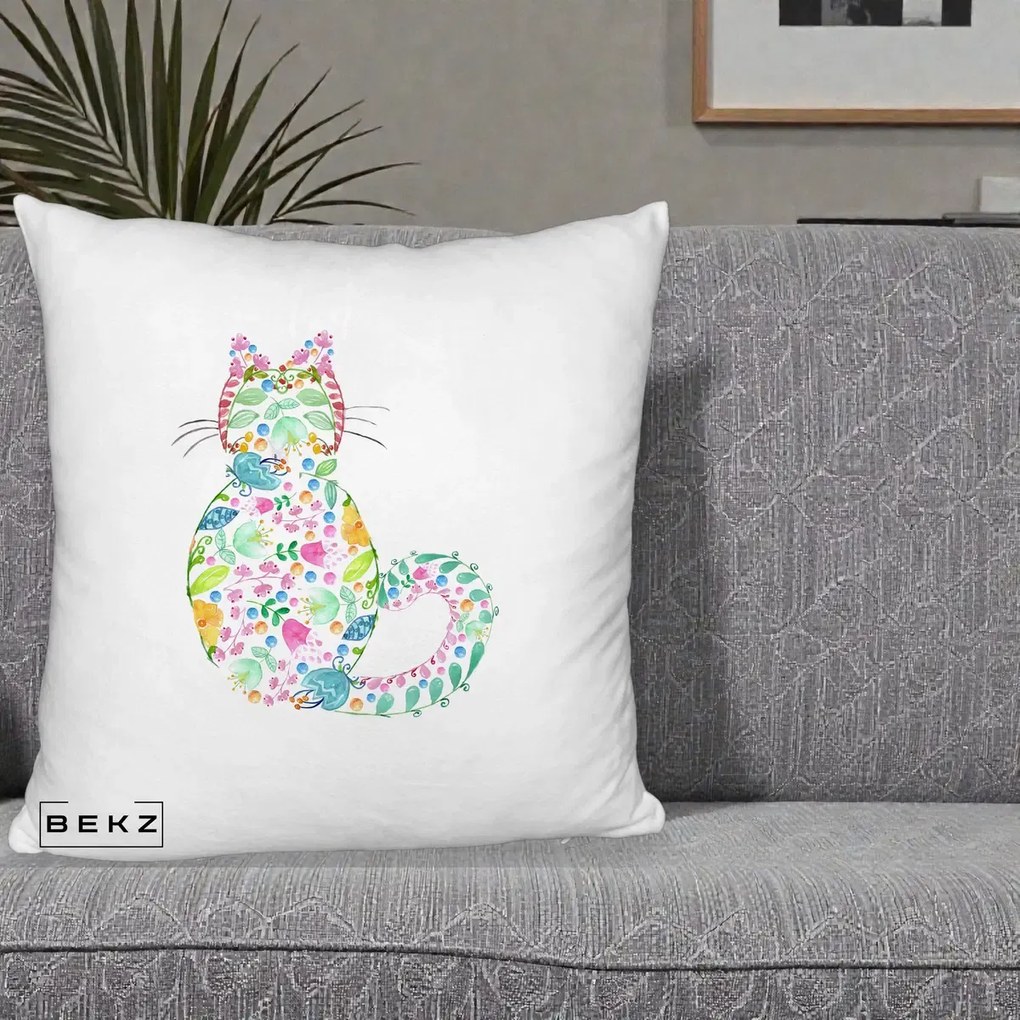 Perna Decorativa Pisica Florala Acuarela, 40x40 cm, Alb Pufos, Husa Detasabila, Perna Inclusa, BEKZ®