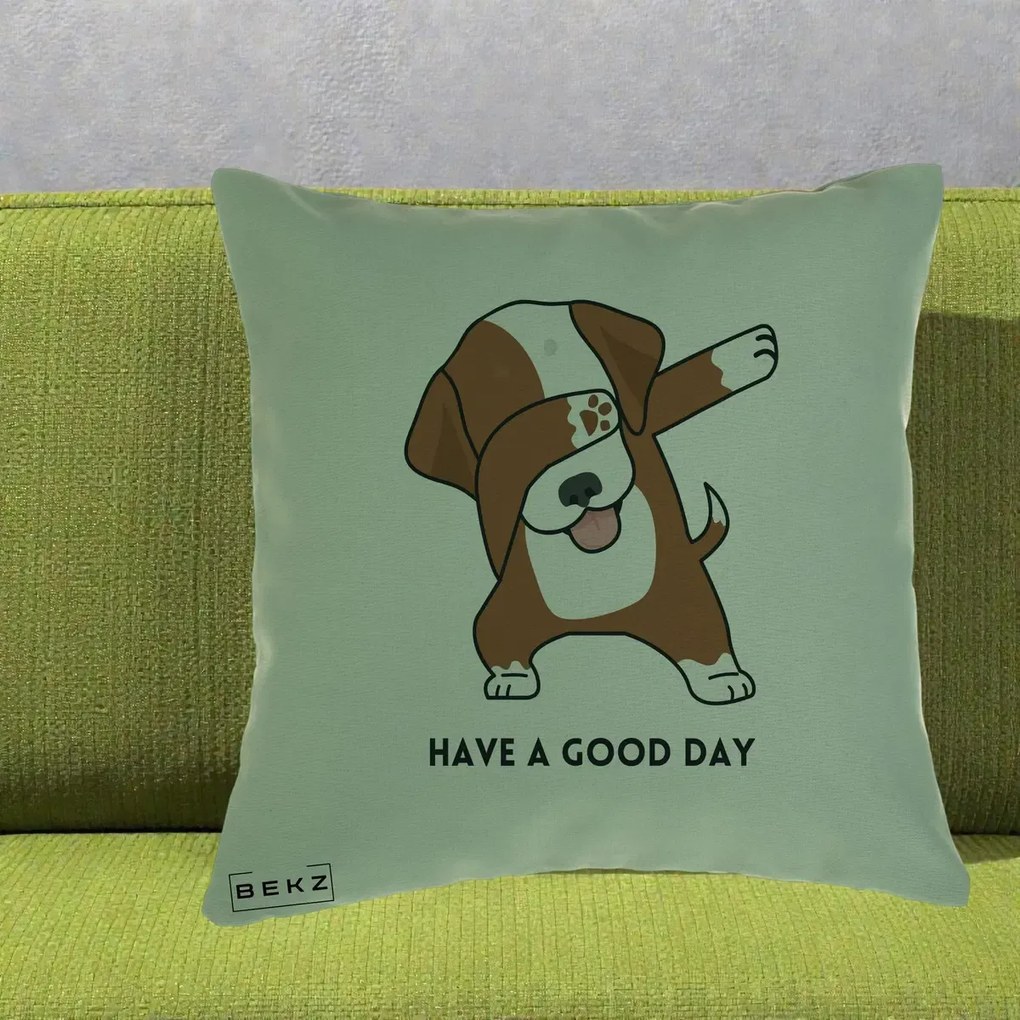 Perna Decorativa Caine Dab Have A Good Day, 40x40 cm, Verde, Husa Detasabila, Perna Inclusa, BEKZ®