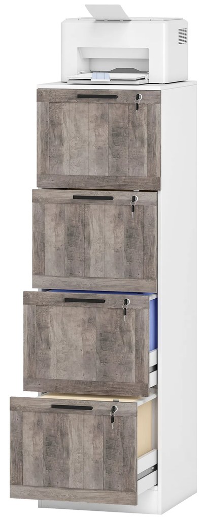 HOMCOM Cajonieră de Birou cu 4 Sertare Încuietoare 2 Chei Bare Suspendate pentru A4 Scrisoare 39,4x40x129 cm Alb și Lemn | Aosom Romania