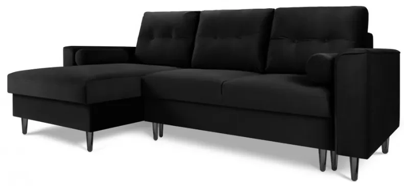 Coltar extensibil 4 locuri Leona, colt pe partea stanga cu tapiterie din catifea si picioare din metal negru, negru