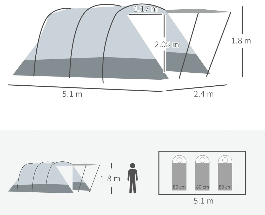 Outsunny Tenta de camping familială 6-8 persoane, tentă tunnel impermeabilă, uși + ferestre, 5,1 x 2,4 x 1,8 cm, gri deschis | Aosom Romania