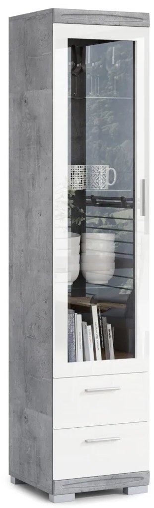 Mazzoni Vitrina SIMPLE KWD1SZ2 Beton Millennium/Alb Luciu - DULAP CU RAFTURI PENTRU LIVIMG STICLĂ