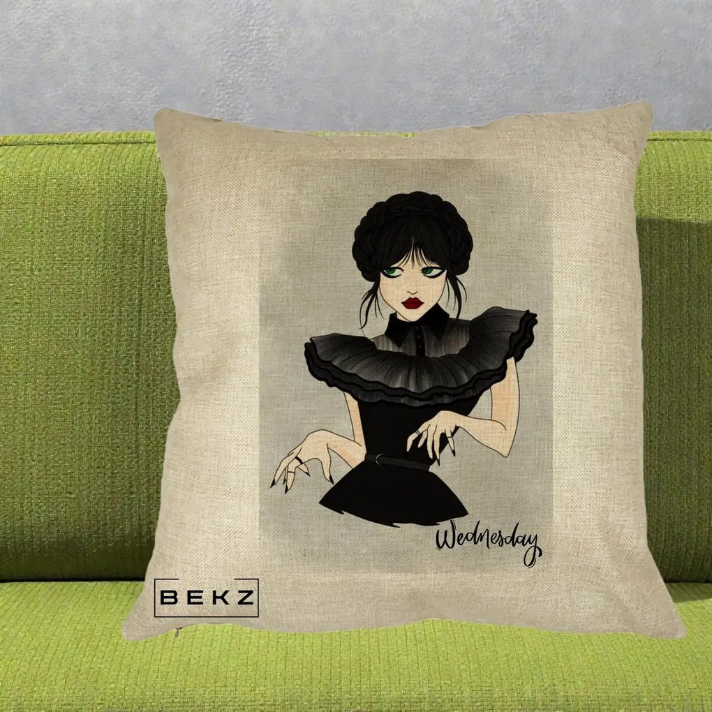 Perna Personalizata Wednesday Addams Portret Gotic, 40x40 cm, Crem, Husa Detasabila, Perna Inclusa, BEKZ®