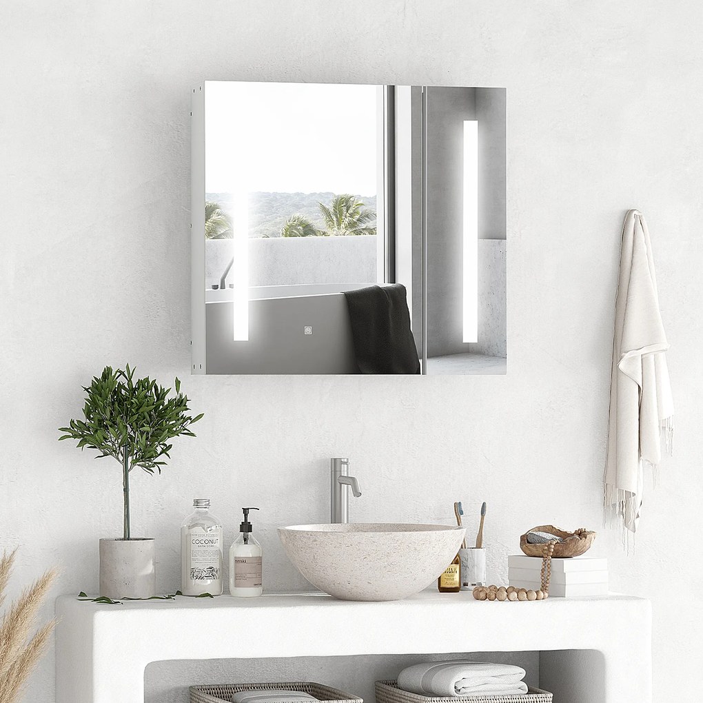 kleankin Oglindă de perete cu LED-uri pentru baie, 2 uși și 3 niveluri, 70 x 15 x 65 cm, alb | Aosom Romania