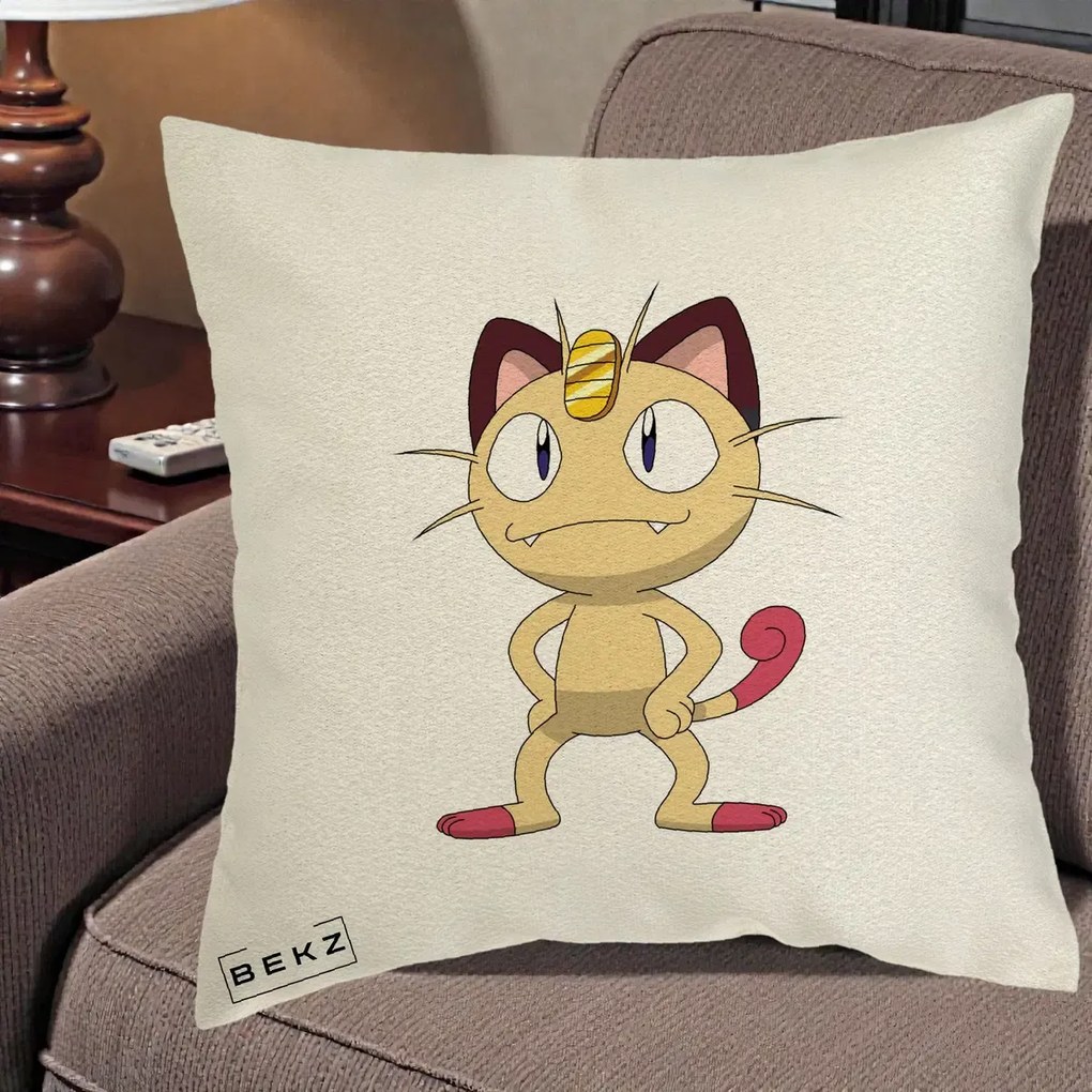 Perna Personalizata Meowth Pokemon, 40x40 cm, Ecru, Husa Detasabila, Perna Inclusa, BEKZ®