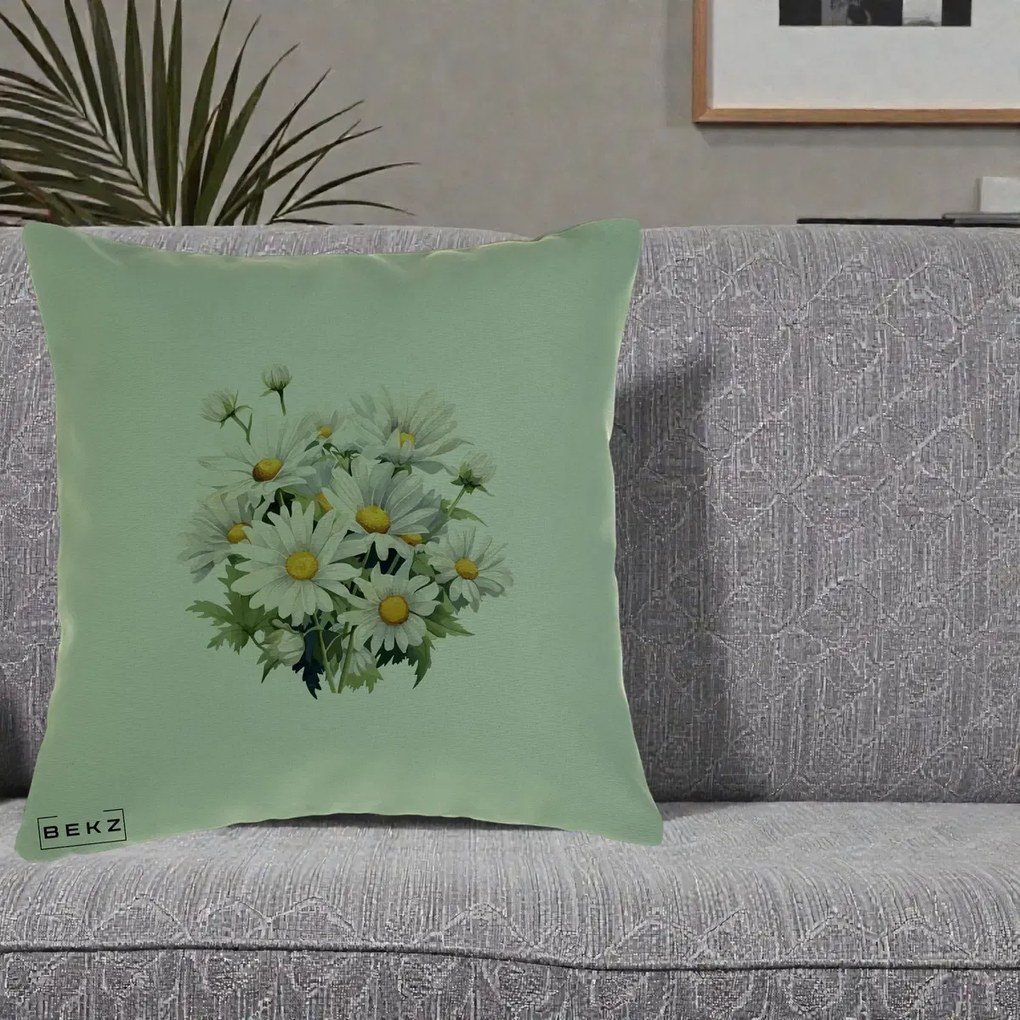 Perna Decorativa Buchet Margarete Albe Acuarela, 40x40 cm, Verde, Husa Detasabila, Perna Inclusa, BEKZ®