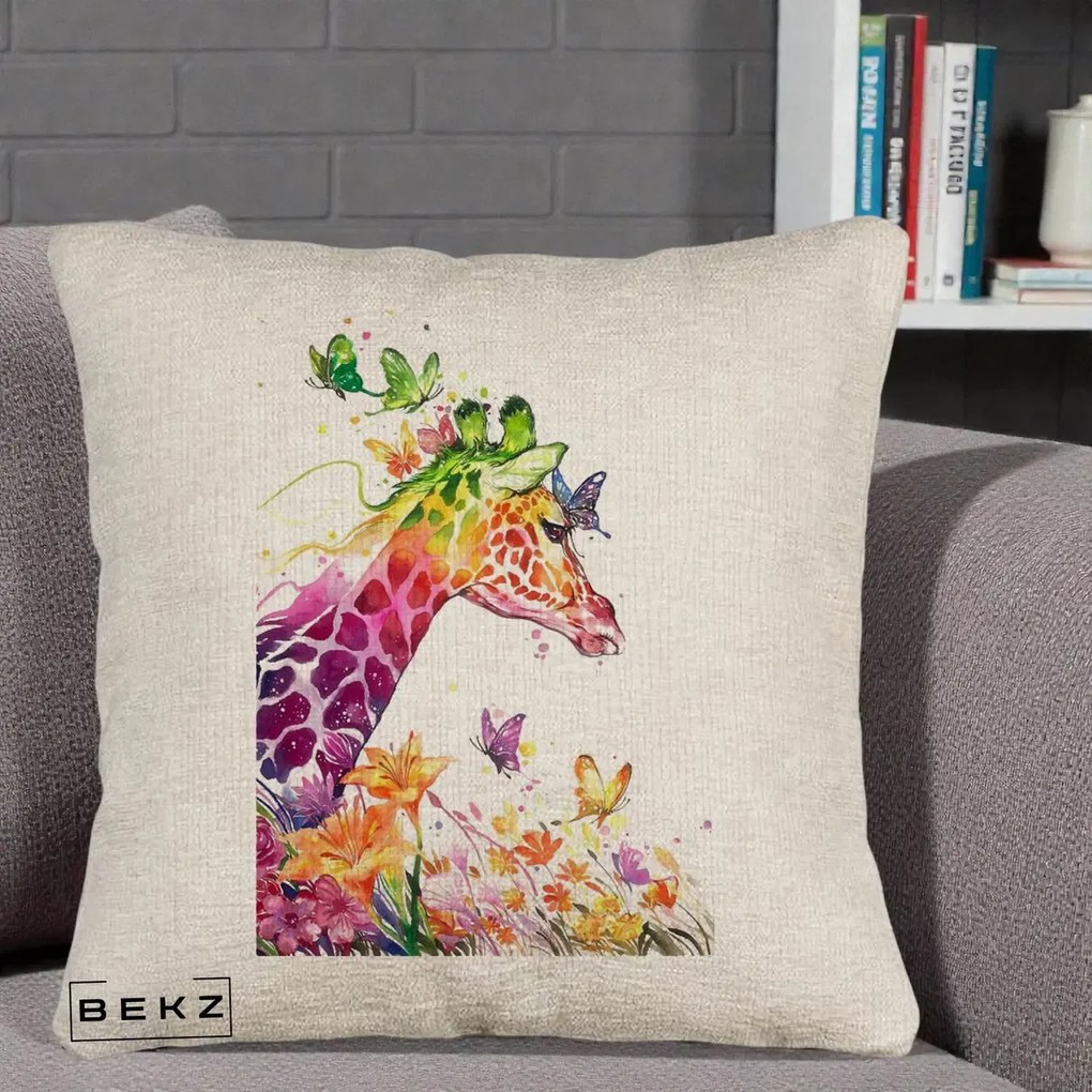 Perna Decorativa Girafa Curcubeu Acuarela, 40x40 cm, Bej Canapea, Husa Detasabila, Perna Inclusa, BEKZ®