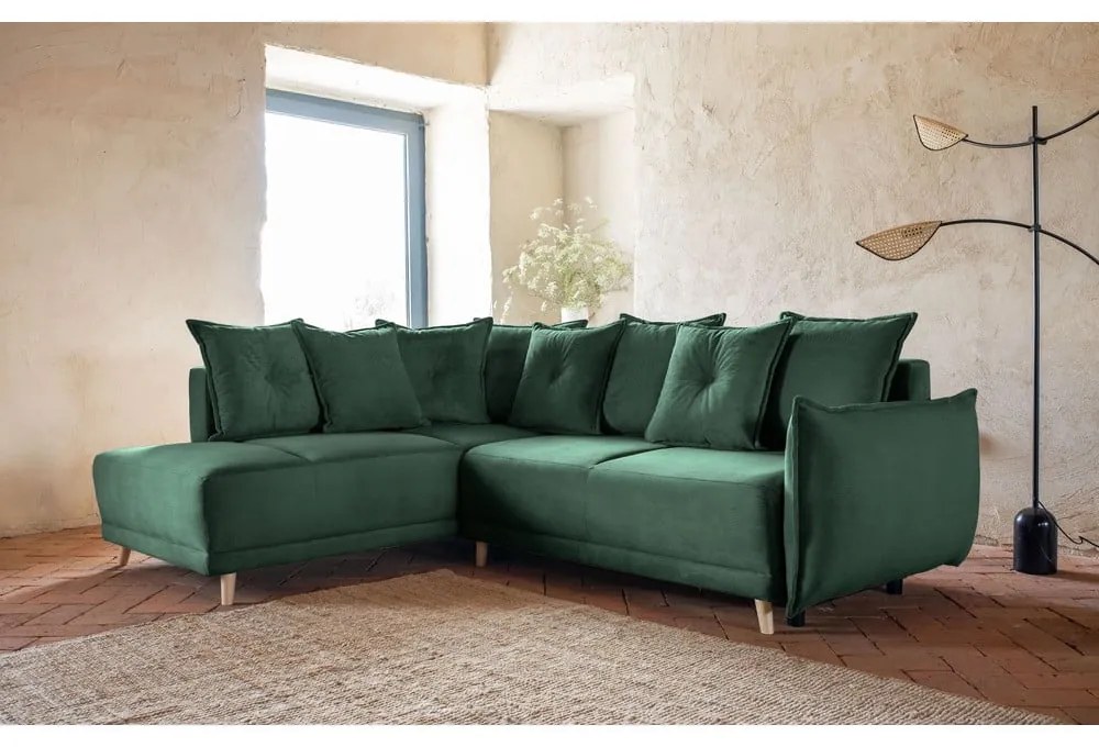 Colțar verde extensibil cu tapițerie din catifea reiată (colț stânga) Lazy Lukka – Miuform