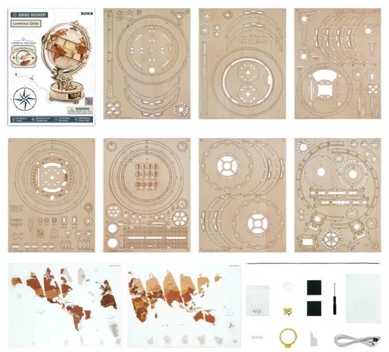 Puzzle mecanic 3D din lemn, glob strălucitor RoboTime