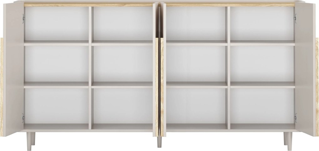 Comodă cu patru uși pe picioare Amilio 200 cm - cașmir / stejar uleiat / mânere stejar deschis