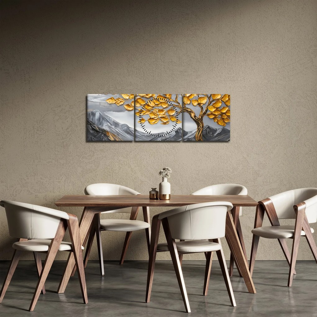 Tablou – Arbore cu frunze aurii (cu ceas) (90x30 cm)